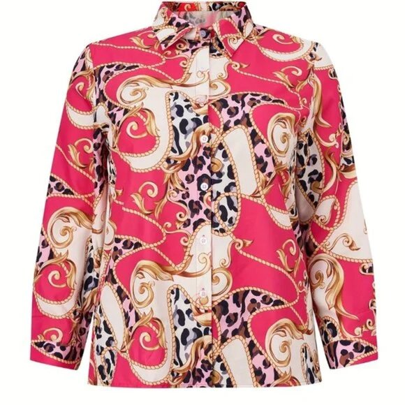 Pink Baroque Leopard Patchwork Blouse – Button-Up Satin Shirt (2XL) - Picture 3 of 4